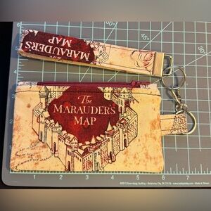 Marauders Map Themed Coin Purse Wristlet Keyfob - Burgundy and Cream